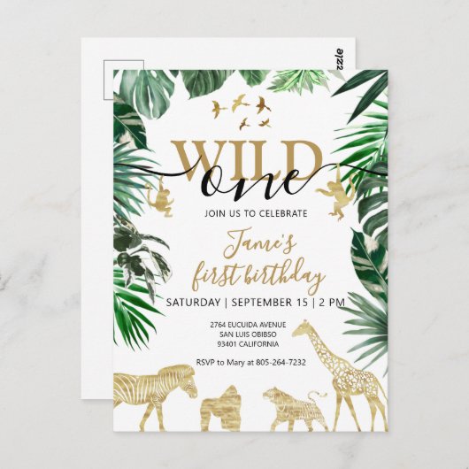 Tropischer Jungle Safari Tiere 1. Geburtstag Postkarte (Vorne/Hinten)