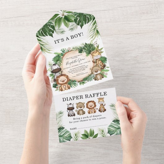 Tropischer Jungle Safari Tiere Kinderdusche All In One Einladung (Abreißen)