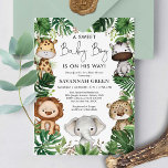 Tropischer Jungle Safari Tiere Kinderdusche Einladung<br><div class="desc">Feiern Sie die bevorstehende Ankunft Ihres kleinen Freudenpakets mit dieser whimsical Safari-themed Baby Dusche Einladung. Das Design umfasst eine Gruppe von zauberhaften Dschungeltieren und rustikalen tropischen Blätter.</div>