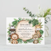 Tropischer Jungle Wild Safari Tierjunge Babydusche Einladung (Stehend Vorderseite)