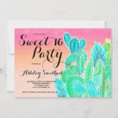 Tropischer Kaktus Rosa Ober Wasserfarbe Süß 16 Einladung (Vorderseite)