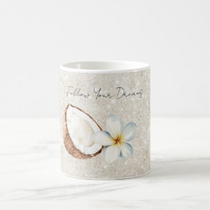 Tropischer Kokosnuss-Plumeria-Blüten-Sand-Glitter Kaffeetasse