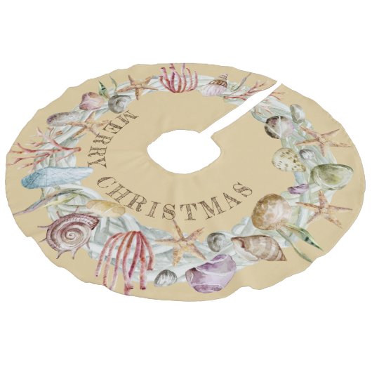 Tropischer Küstenstrand Seashells Frohe Weihnachte Leinenimitat Weihnachtsbaumdecke (Schrägansicht)