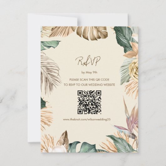 Tropischer Leaf Beach RSVP-Karte mit QR-Code RSVP Karte (Vorderseite)