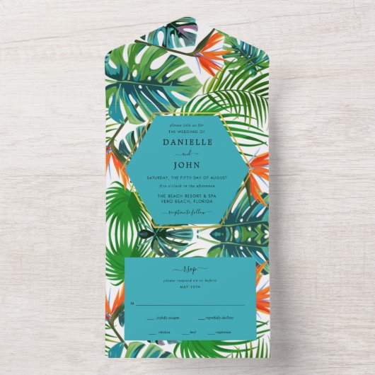 Tropischer Leaf-Bird des Paradise Beach Hochzeit U All In One Einladung (Innen Boden)