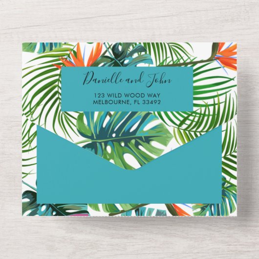 Tropischer Leaf-Bird des Paradise Beach Hochzeit U All In One Einladung (Rückseite)