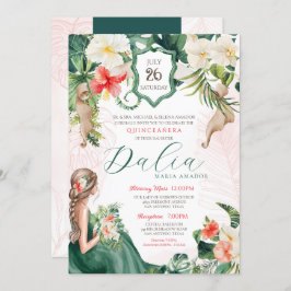 Tropischer Leaf Emerald Green Floral Quinceanera Einladung
