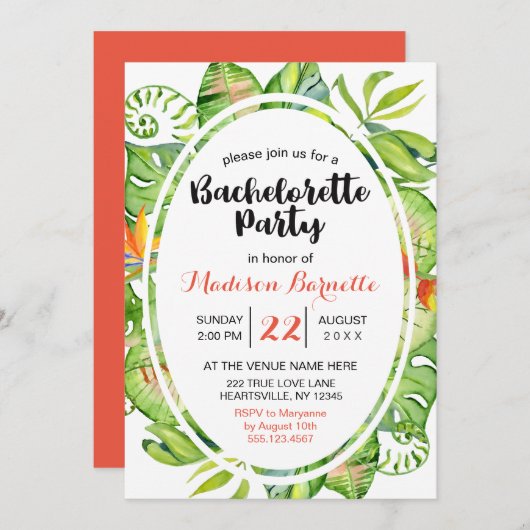 Tropischer Leaf-Kranz-Junggeselinnen-Abschied Einl Einladung (Vorne/Hinten)