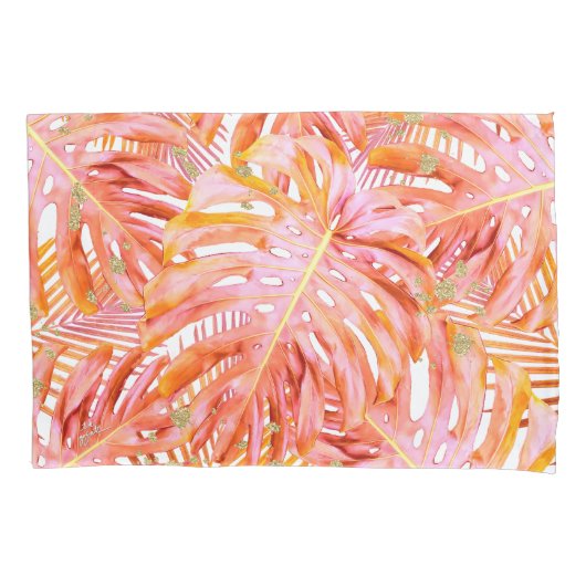Tropischer Leaf Muster Korallen Rose Gold Glitzer Kissenbezug (Vorderseite-Links)