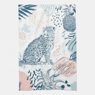 Tropischer Leopard Blau Pfirsich Abstrakt Geschirrtuch