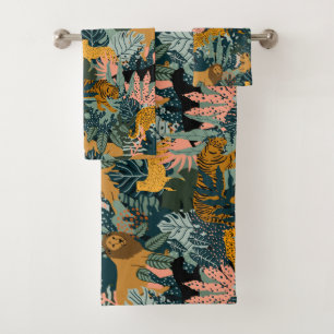 Tropischer Leopard und Tiger-Dschungelmuster Badhandtuch Set