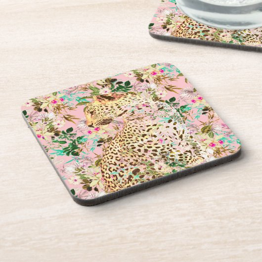 Tropischer Leopardenprint blumenhawaiianisches Mus Getränkeuntersetzer (Linke Seite)