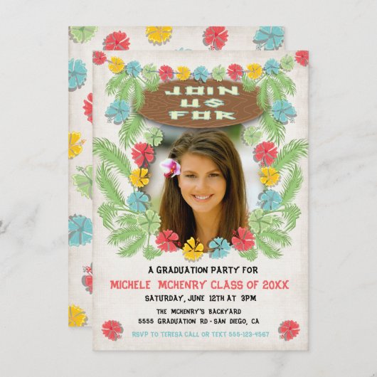 Tropischer luauer Hawiian Abschluss Einladung (Vorne/Hinten)