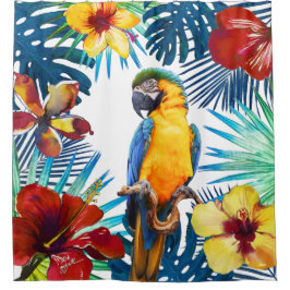 Tropischer Macaw Paprot Gelber Aquamariner Strand  Duschvorhang