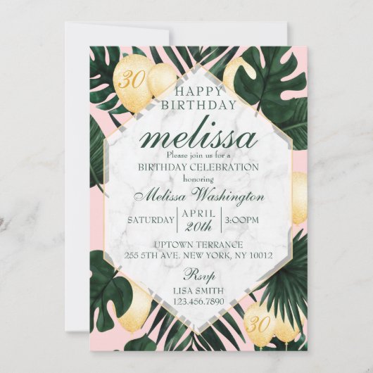 Tropischer Marmor Rosa Gold Einladung zum Geburtst (Vorderseite)