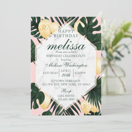 Tropischer Marmor Rosa Gold Einladung zum Geburtst (Stehend Vorderseite)