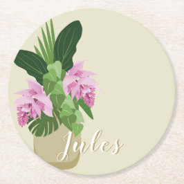 Tropischer Medinilla Rosa Blume Gelbe Vase Name Runder Pappuntersetzer