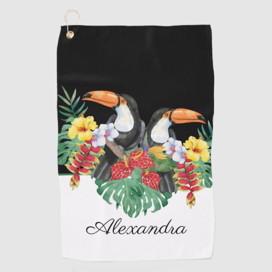 Tropischer Monogramm-Name Schwarz-Weiß-Toucan Golfhandtuch (Vorderseite)