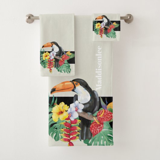 Tropischer Monogramm Name Schwarzer Toucan Badezim Badhandtuch Set (Insitu)