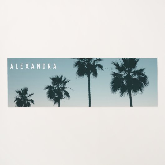 Tropischer Name Aquamarin Orange Palm Tree Sunset Yogamatte (Rückseite (Horizontal))