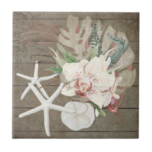 Tropischer Orchid Floral Beach Seashells Holz Fliese