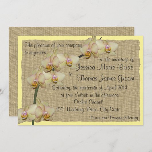 Tropischer Orchid und Burlap Rustic Beach Hochzeit Einladung (Vorne/Hinten)