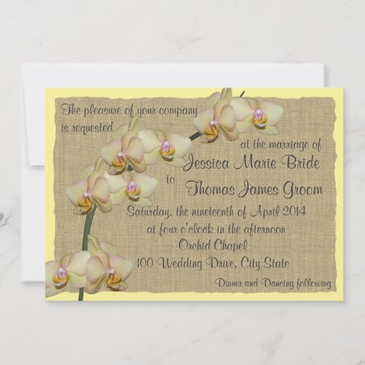 Tropischer Orchid und Burlap Rustic Beach Hochzeit Einladung (Vorderseite)