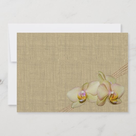 Tropischer Orchid und Burlap Rustic Beach Hochzeit Einladung (Rückseite)