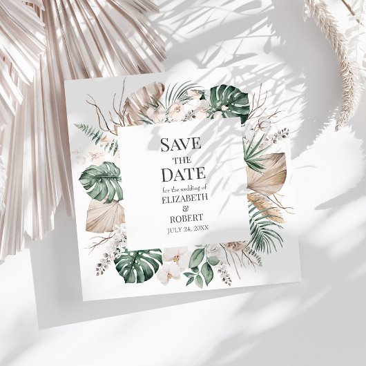 Tropischer Orchid und Monstera Save the Date Karte
