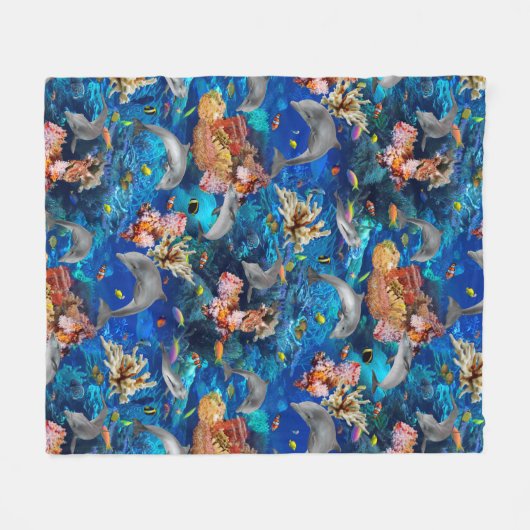 Tropischer Ozean Graue Delphine Korallenriff Fleecedecke (Vorderseite (Horizontal))