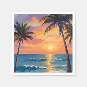 Tropischer Ozean Sonnenuntergang Palme Aquarell Serviette
