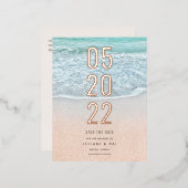 Tropischer Ozean und Sandstrand Save the Date Folie Einladungspostkarte (Vorderseite/Rückseite)