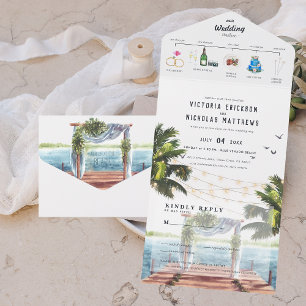Tropischer Ozeanstrand   Illustrierte Hochzeit All In One Einladung
