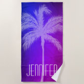 Tropischer Palm Lila/Blaues Personalisiertes Badet Strandtuch (Vorderseite)