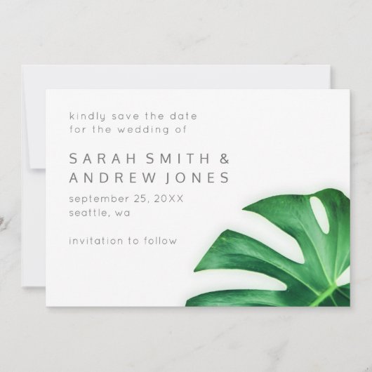 Tropischer Palmblättriger Leaf Save the Date Minim (Vorderseite)