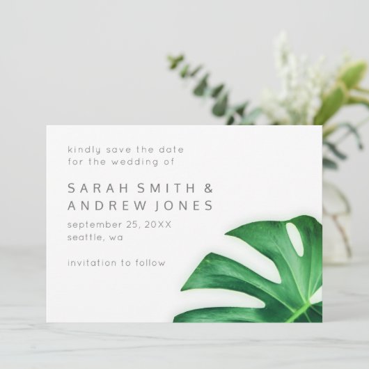 Tropischer Palmblättriger Leaf Save the Date Minim (Stehend Vorderseite)