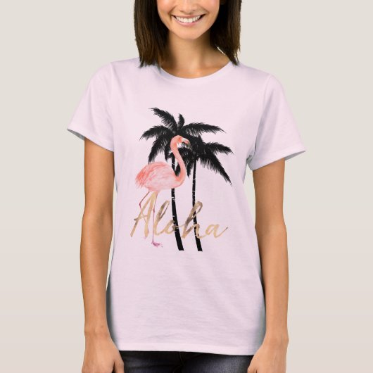 Tropischer Palme-Flamingo Aloha T-Shirt (Vorderseite)