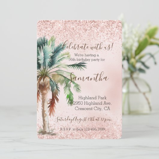 Tropischer Palmenbaum Rosa Glitzer Einladung (Stehend Vorderseite)
