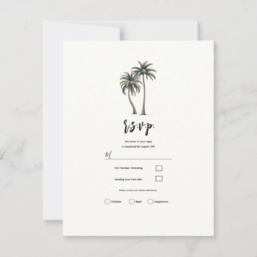 Tropischer Palmenbaum Rustikale Küstenhochzeit RSV Einladung (Vorderseite)