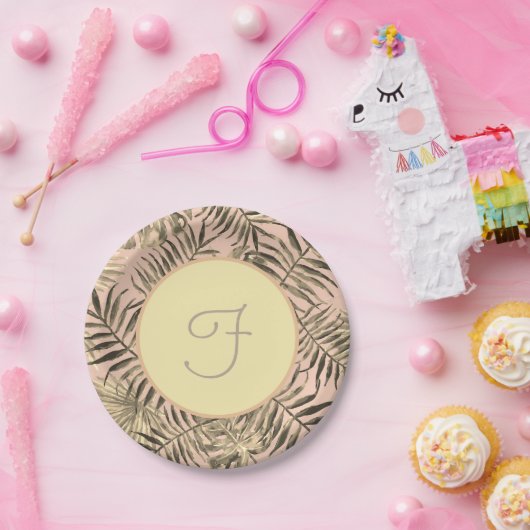 Tropischer Palmenblätterpfirsich und Gold Pappteller (Party)