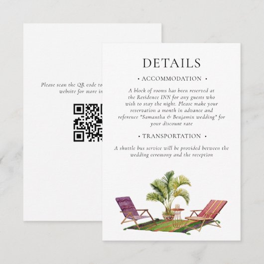 Tropischer Palmenhochzeit Details QR Code Begleitkarte (Vorne/Hinten)