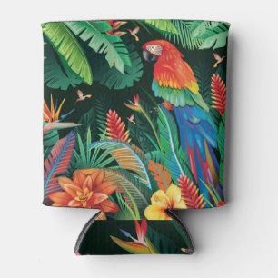 Tropischer Papagei: Exotischer Blumenhintergrund. Dosenkühler