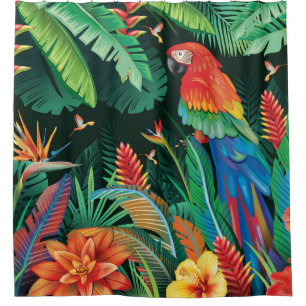 Tropischer Papagei: Exotischer Blumenhintergrund. Duschvorhang