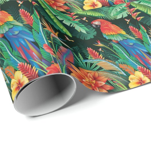 Tropischer Papagei: Exotischer Blumenhintergrund. Geschenkpapier (Rolleneckpunkt)