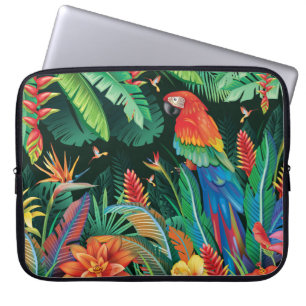 Tropischer Papagei: Exotischer Blumenhintergrund. Laptopschutzhülle