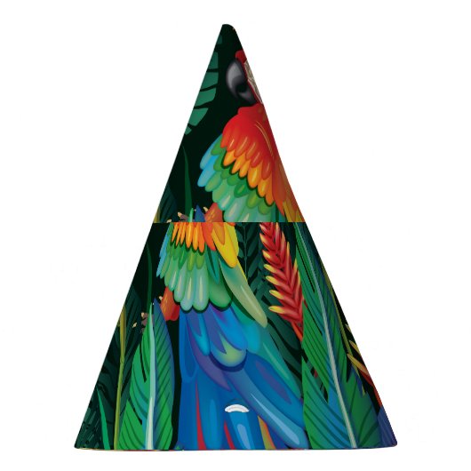 Tropischer Papagei: Exotischer Blumenhintergrund. Partyhütchen (Rechts)