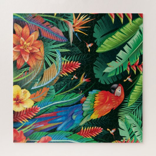 Tropischer Papagei: Exotischer Blumenhintergrund. Puzzle (Horizontal)