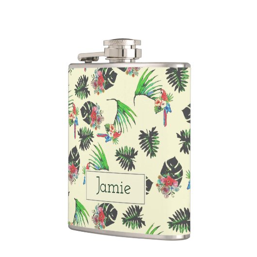 Tropischer Papagei und Blätter Aquarellmuster Flachmann (Links)