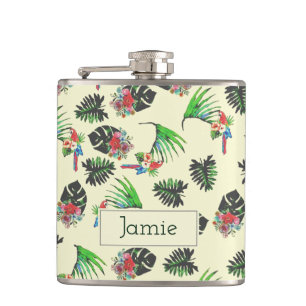 Tropischer Papagei und Blätter Aquarellmuster Flachmann