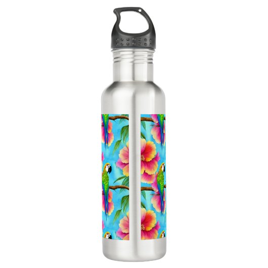 Tropischer Papagei und Muster der Blume Edelstahlflasche (Rückseite)